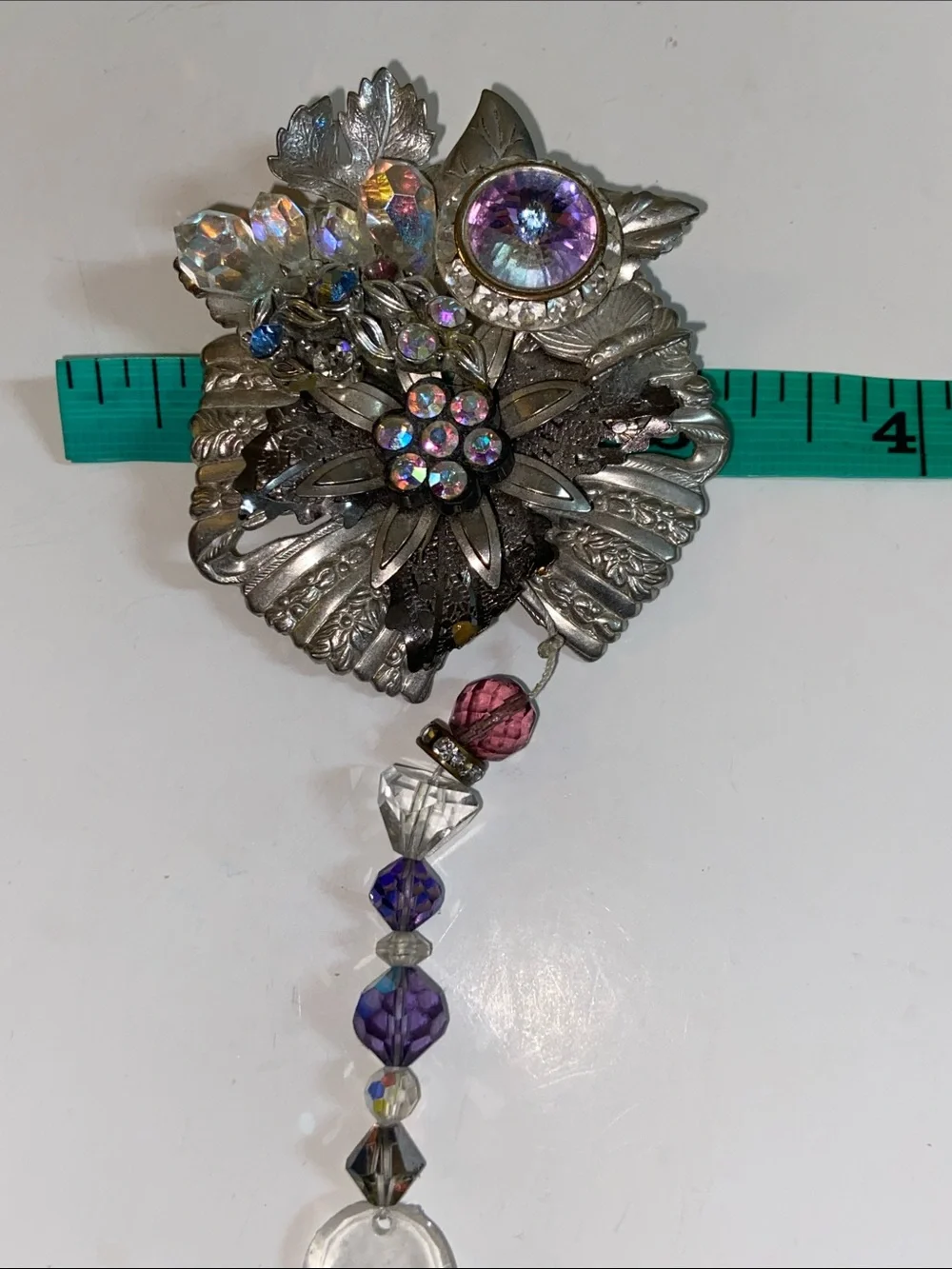 Silver Floral Brooch with Purple and Pink Crystal Dangles Rhinestone